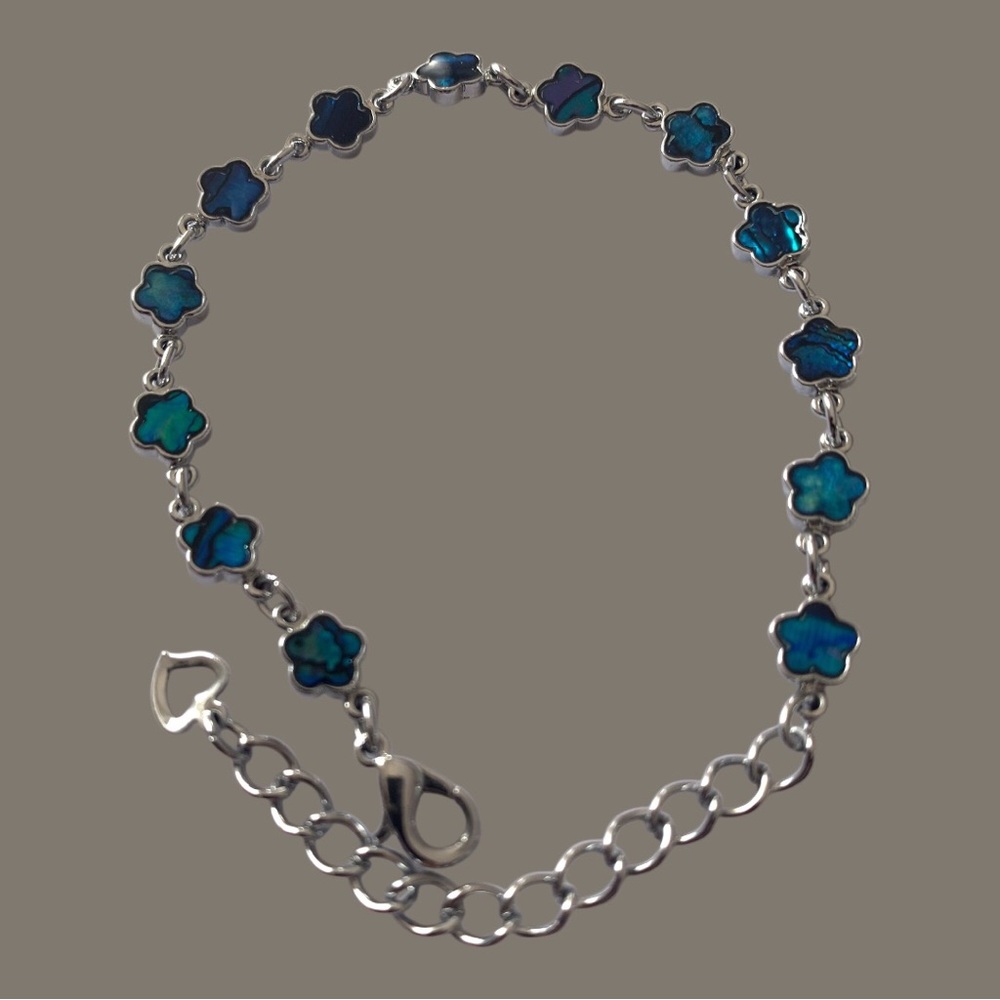 Abalone Shell Blue Flower Link Silver Plated Brac… - image 8